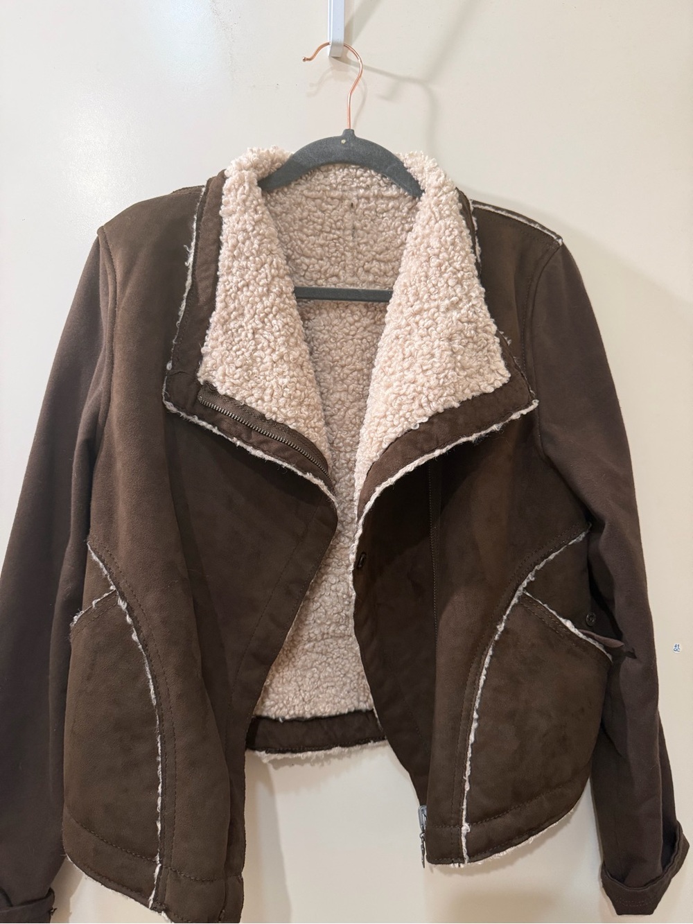 Vintage Brown Teddy-Lined Womens Jacket with Cream Sherpa Collar